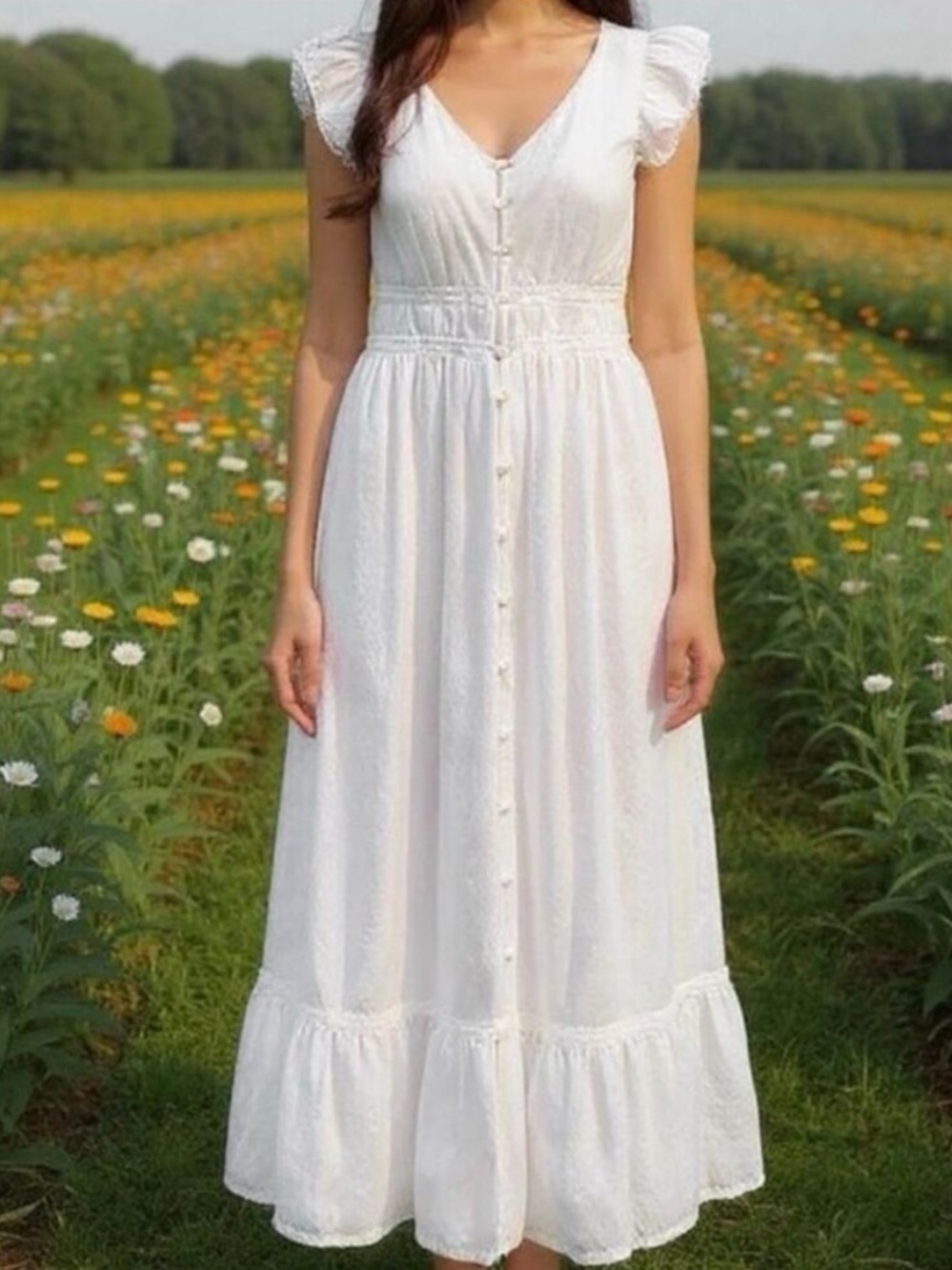 100% Cotton Rachel Zoe White Eyelet Button-Front Maxi Dress with Ruffle Sleeves